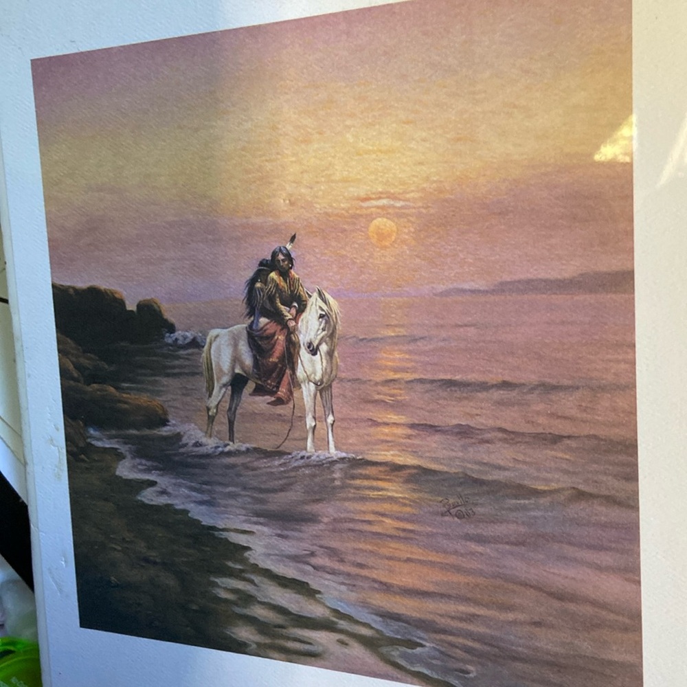Gregory Perillo the artist a print of American Indian male & female on horse.